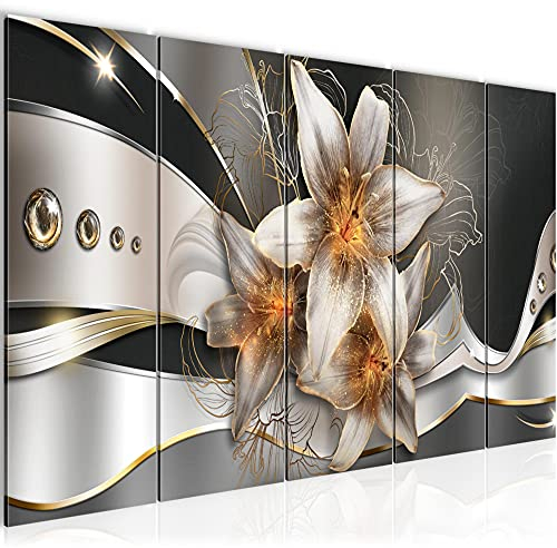 Runa Art Wandbild XXL Blumen Lilien Wohnzimmer Schlafzimmer 200 x 80 cm Gelb Gold 5 Teilig - Made in Germany - 039655a