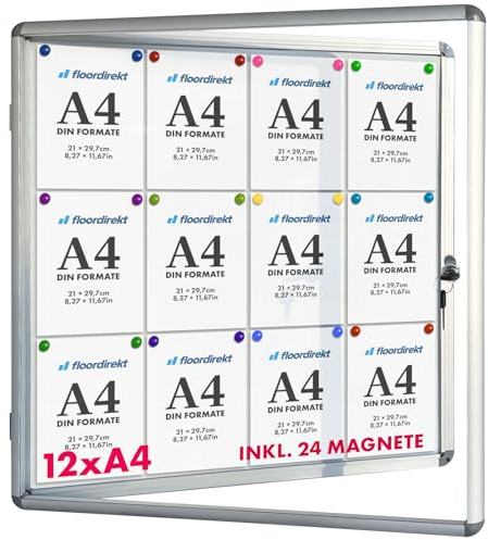 Floordirekt | Panneau d'affichage en aluminuim, vitrine d'affichage avec serrure à clé | Panneau arrière magnétique - Porte avec serrure - Cadre en aluminium | 24 aimants inclus| 12 x A4