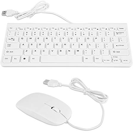 ROMACK Compact Membrane Wired Keyboard and Optical Mouse Combo, Mini Qwerty Keyboard and Mouse Set for PC Laptop, White, Plug and Play, USB Type A, Right Handed, Desk Use