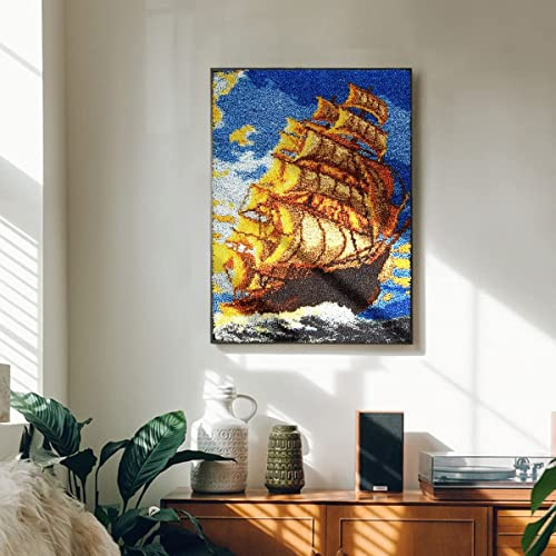Knüpfhaken Teppich-Kits 60 x 40 cm DIY Knüpfteppich-Sets für Anfänger Erwachsene Kinder Segelboot Heimteppichherstellung Handarbeiten Knüpfhaken-Bastelsets für Heimdekoration