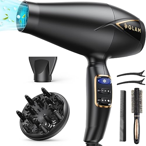 GLAM Profi Haartrockner, Föhn 2300W Leistungsstarker AC Motor Schnell trocknend Ionen Haartrockner mit 2 Geschwindigkeiten 3 Heiz, Cool Shot Taste mit 1 Diffusor & 1 Konzentrator für Multi-Frisuren
