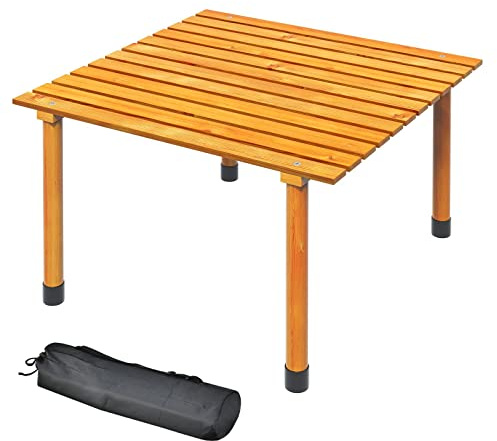 TANGZON Folding Camping Table, Roll Up Fir Wood Top Picnic Table with Carrying Bag, 4 Person Square Outdoor Portable Dining Table for Garden Cooking BBQ Fishing Hiking, 69 x 69 x 42cm (Natural)