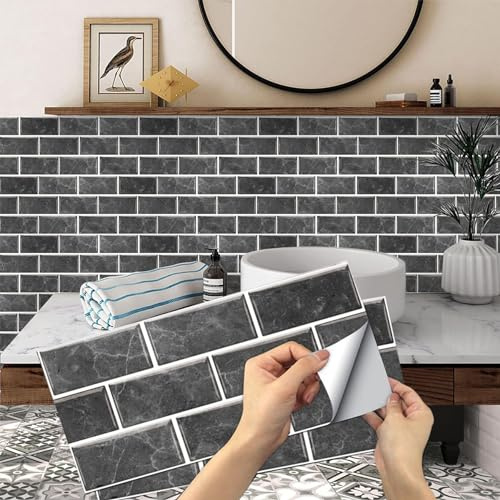 24 Sheets Black Tile Stickers, Peel and Stick Vinyl Backsplash Tiles Self Adhesive Waterproof Oilproof Tiles Retro Style DIY Home Decor for Kitchen Bathroom