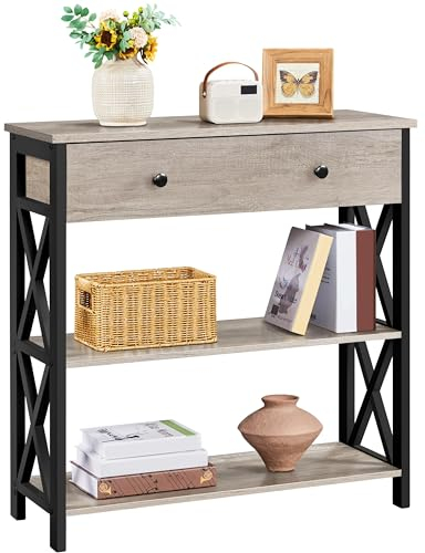 Yaheetech Konsolentisch Beistelltisch mit 1 Schublade und 2 offenen Ablagen 3-Stufiger Flurtisch mit Metallrahmen Schmaler Sofatisch Industrie Design Sideboard für Wohnzimmer/Flur/Eingang