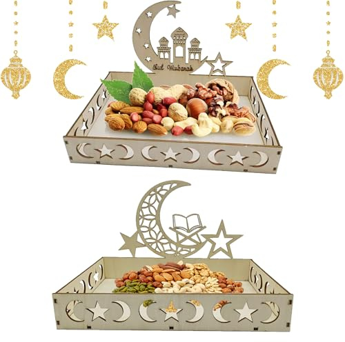 Atsmoce® 2 Pcs Plateau en Bois Eid Mubarak avec Lune et Étoiles Gravées pour Ramadan - Plateau Repas et Décoration à Dessert