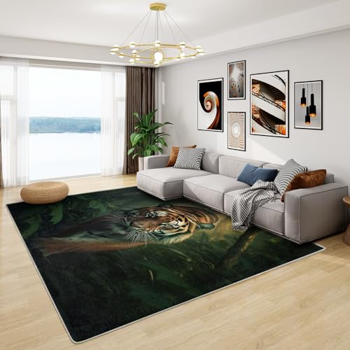 Teppich Tigermotiv - Teppich Wohnzimmer Schlafzimmer Dschungel Tiere, Kleiner Teppich Tiger, Weich Kurzflor & Waschbar & rutschfest Fussmatte Innen, Kinderteppich 60x90 cm