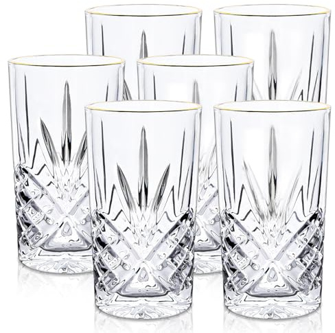 Raisaplin Set of 6 Highball Glasses 370ml - Gold-Rimmed Lead-Free Crystal Glassware,Ideal for Home & Bar Use, for Whiskey, Tom Collins Cocktails, Water, Mixed Drinks, Juice, Beer and Iced Coffee