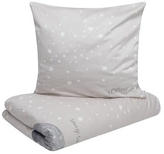 s.Oliver Kinderbettwäsche Mond 135 x 200 cm - 100% Baumwolle, Reißverschluss, anschmiegsam, weich & waschbar, Mako Satinbettwäsche Sterne & Mond beige weiß