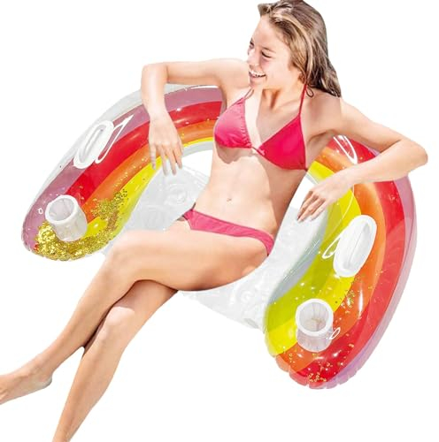 Schwimmender Poolstuhl – Pailletten-Design Regenbogen schwimmende Wasserflosse – mit 2 Getränkehaltern und 2 Griffen, Netz-Poolstuhl, volle entspannende Rückenlehne für