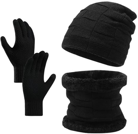 BSITSSS Nero Set Sciarpa e Cappello Uomo Donna, Elastico Set Guanti Cappello e Sciarpa, Inverno Berretto + Moda Scaldacollo + Guanti per Touchscreen, Classico Set di Guanti per Cappello