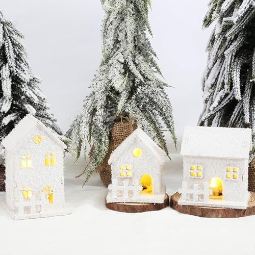 3 Pezzi Villaggio di Natale, Villaggio di Natale con | Case di Neve Miniatura, Casetta di Natale LED, Decorazione natalizia in legno Pile Luminosa Capanna Lanterna Casa Inverno