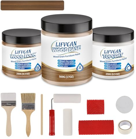 LIFVEAN Wood Look Paint Kit for Furniture, Countertop, Interior Doors (Brown Walnut) Wood Grain Paint Cover 26-30 sq.ft