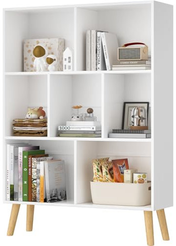 Würfel Bücherregal 3 Etagen Mid-Century Bücherregal mit Beinen, Retro-Holzbücherregale Organizer Aufbewahrungsregal, Freistehende moderne offene Bücherregale für Schlafzimmer, Wohnzimmer, Weißes