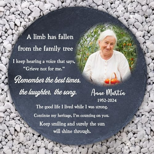 Personalized Memorial Garden Photo Stone for Mom, in Loving Memory of Dad Grandma Grandpa, Weatherproof Garden Grave Marker, A Limb Has Fallen Heartfelt Sympathy Gift 8'', 10'' Heart or Round Shape