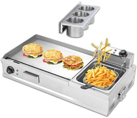 KJZQXYX Indoor Electric Grills & Griddles, Flat Top Grill with Deep Fryer, Commercial Electric Griddle for Breakfast, Countertop Frying Pan (Large)