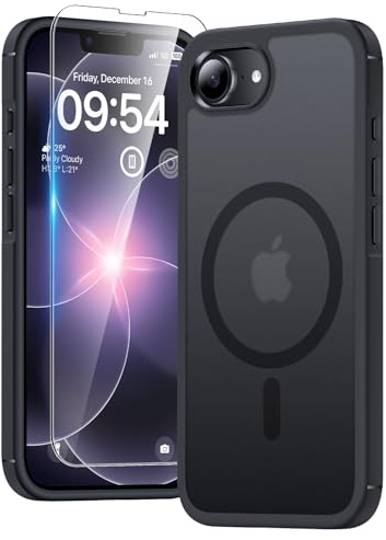 TAURI för iPhone 16e Skal 6.1-Tum med Härdat Glas Skärmskydd, Kompatibelt med MagSafe, Militär kvalitet, [Icke-Gulning] Magnetisk Mobilskal Case - Mattsvart