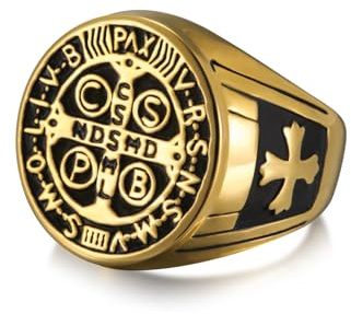 Amaxer Bague chevalière Saint Benoit de Nursie pour homme Bague de protection religieuse St Benoit Exorcisme Catholique Croix romaine