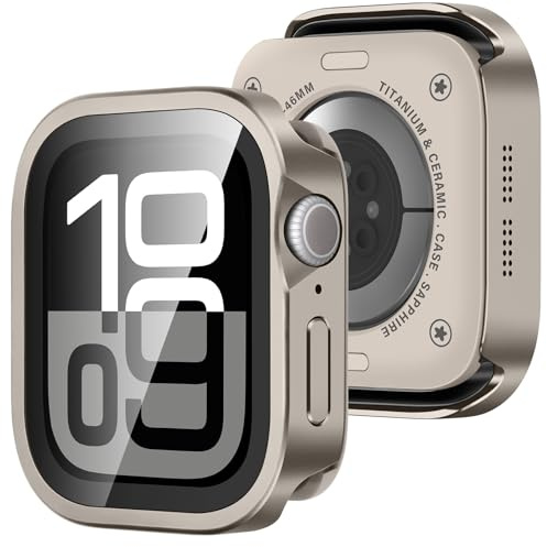 Amizee Metallo Cover Compatibile con Apple Watch Serie 11/10 46mm con Vetro Temperato, Bordo Dritto Ultra Sottile con Coperchio Protezione Completa Custodia Protettiva per iWatch 46mm, Titanio