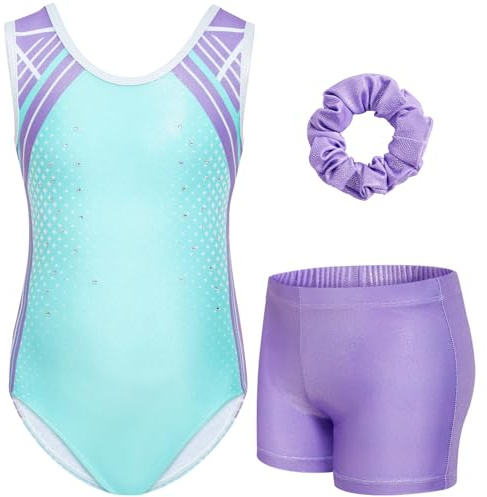 Gogokids Gymnastiktrikåer för flickor, glittrande dansdräkter med strass, cykelbyxor, shorts, träningskläder för 3–12 år, Blå (Lake blå), 8-9 �r