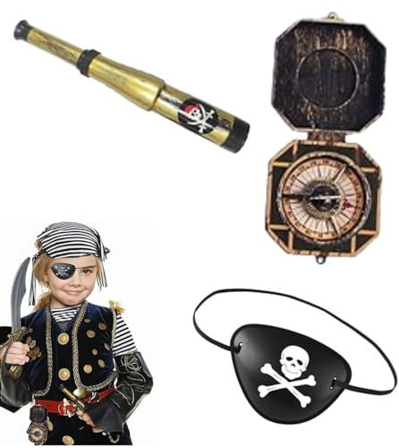 BOBOZHONG Accessoires de Costume de Pirate,3 Pièces Pirate Accessoire,Cache-Oeil Télescope Boussole,Ensemble D'Accessoires de Costume de Pirate,pour Halloween,fête de pirate,carnaval