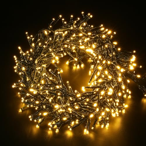 Quntis 3M 300LEDs Christmas Cluster Lights Warm White Fairy String Lights Plug in with Unique Flowing 8 Mode Waterproof for Outdoor Indoor Xmas Tree Yard Outside Garden House Party Decorations