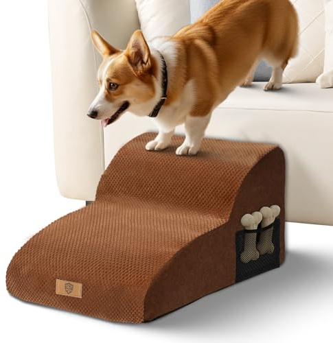 Eukue Escalier pour chien à 2 marches, rampe prolongée, pour petits chiens et chats, en mousse haute densité, pour lit et canapé, portable, avec housse lavable (marron)