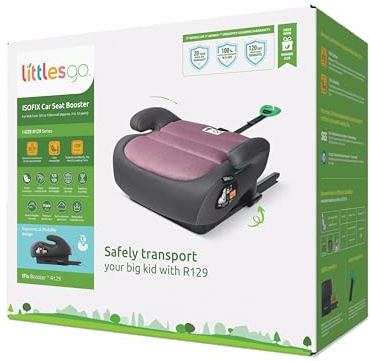Littlesgo IFix Booster Seat, i-Size ISOFIX Car Seat, for Child from 125-150cm (3-12 Years, Group 2/3), Portable, Triple Foam Layers for Comfortable Travel, ECE R129, Pink-Grey, 1 Pack