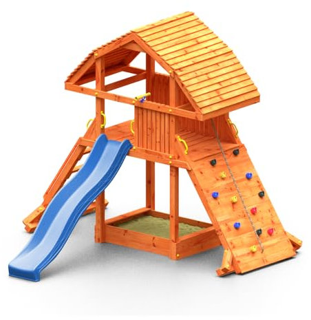Casetta in legno da giardino SMILE GIANT con scivolo 3 m, arrampicata e sabbiera per bambini 3-10 anni