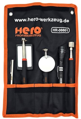 Hero 5-TLG. Inspektionsspiegel & Magnetheber Set mit LED – Teleskop Magnetstab, Greifwerkzeug, Inspektionslampe für Werkstatt, KFZ, Mechanik & Haushalt
