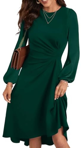 HUXRAKV Robe Femme Chic et Elegant Midi Robe de Cocktail Manches Longues Robe de Abendkleid Soirée Fête Affaires,WD42-Vert Foncé,M