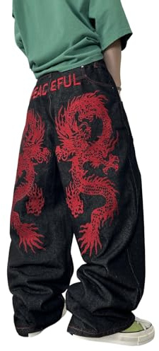 DFGIGT Men's Baggy Jeans Dragon Embroidered Wide Leg Jeans Hip Hop Loose Fit Denim Pants Streetwear Y2k 2000s Jinco Extra Oversized Relaxed Extreme Skateboard Vintage,I10 Black,Medium