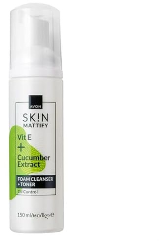 Avon Sk!n Mattify - Schiuma detergente per il viso, estratto di vit.E e cetriolo, 150 ml
