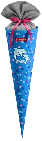 Step by Step Schultüte „Dolphin Finja“, blau, passend zum Schulranzen, aus recycelten PET-Flaschen, Verschluss aus Stoff, 5 l Füllvolumen, 70 cm Höhe