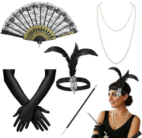GWAWG 5-teiliges Accessoire Set 1920er Jahre, Flapper Great Gatsby Retro-Spitzen-Faltfächer Flapper-Kopfschmuck Schwarze lange Handschuhe Halskette für Frauen Karneval Halloween Weihnachten