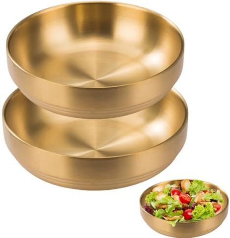 FARYODI 2 cuencos dobles grandes de acero inoxidable dorado para ensaladera, aislantes y antiquemaduras, para aperitivos y golosinas, restaurante coreano, boda, fiesta
