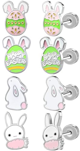 AoedeJ Pendientes de Pascua de acero quirúrgico para orejas sensibles, aretes de tuerca con parte trasera plana para múltiples piercings, aretes de concha apilados, 0.8*6mm, Acero inoxidable, Sin