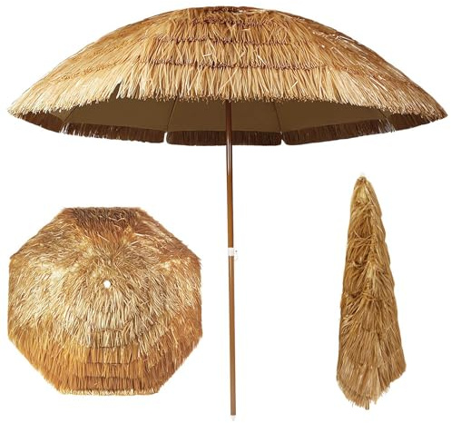 Ombrellone da patio rotondo in paglia tiki, ombrellone da spiaggia hawaiano pieghevole con protezione UV per giardino, terrazza, cortile, piscina(240cm/7.9ft)