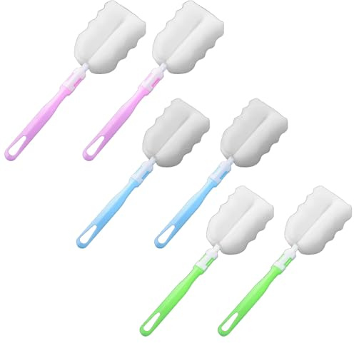 6 PCS Sponge Bottle Brush Set, Soft Foam Bottle Cleaning Brush Long Handle Dishwashing Sponge for Cups Mugs Kettles Wine Glasses & Baby Bottles, Red Green Blue Washing Up Cleaner Kit