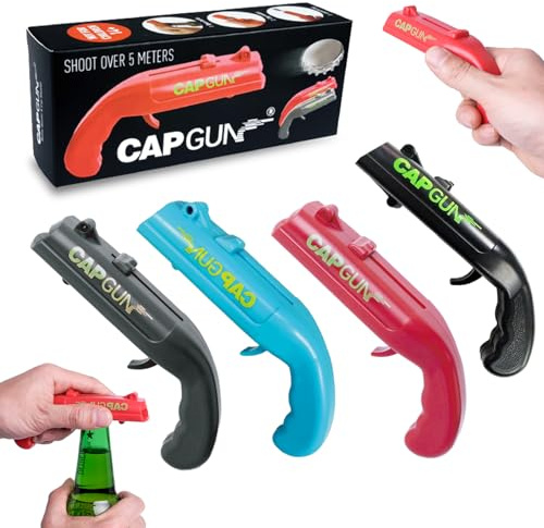 HOMEOL 4 Stück Capgun Flaschenöffner Pistole, kronkorken pistole, Lustige Bier Gadgets Männer Geschenke für Party, BBQ, Spieleabend, Camping Zubehör, Pistolenform, Bunt (Rot, Schwarz, Grau, Blau)