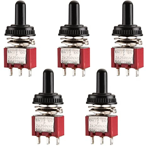 Heschen MTS-123 - Mini interruttore a levetta momentaneo (ON)-OFF-(ON) SPDT, 3 pin, 2A 250V, 5A 120V, con copertura impermeabile, confezione da 5