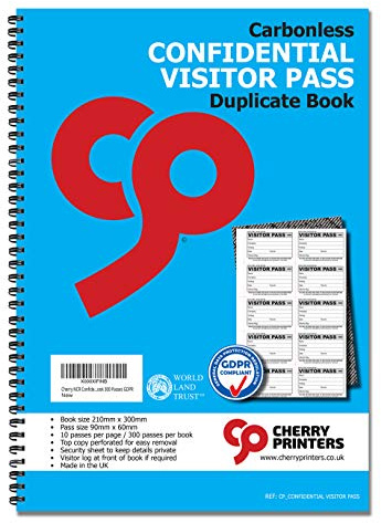 Cherry NCR Confidential Visitor Pass 90mm x 60mm Duplicate Book 300 Passes GDPR