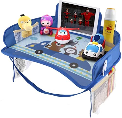Erlsig Kids Travel Tray Car Seat Activity and Play Tray Organizer for Children and Toddlers Lap Desk with Tablet Phone Holder Waterproof and Foldable - Blue