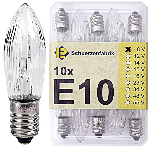 10x Spitzkerze E10 8V 3W 2200K Ersatzbirnen Glühbirnen Topkerze für Lichterkette und Schwibbogen in der stabilen Kunststoffbox