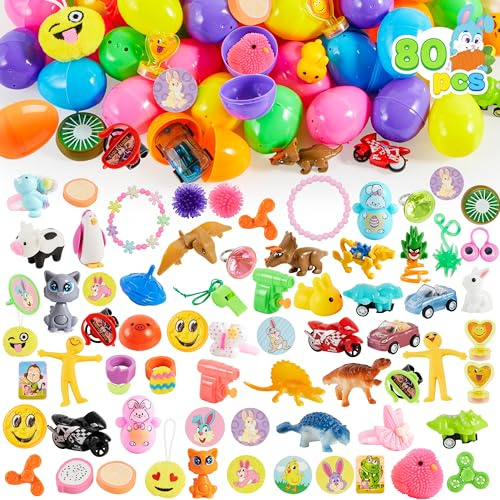 JOYIN 80 paquetes de huevos de Pascua rellenos con juguetes y pegatinas novedosos, 2 3/8 pulgadas 80 huevos de Pascua brillantes y coloridos para fiestas de Pascua,