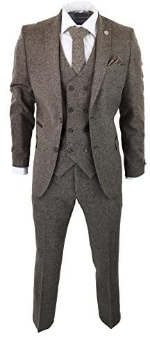 Mens Wool 3 Piece Suit Double Breast Waistcoat Tweed Blinders Classic 1920s Oak