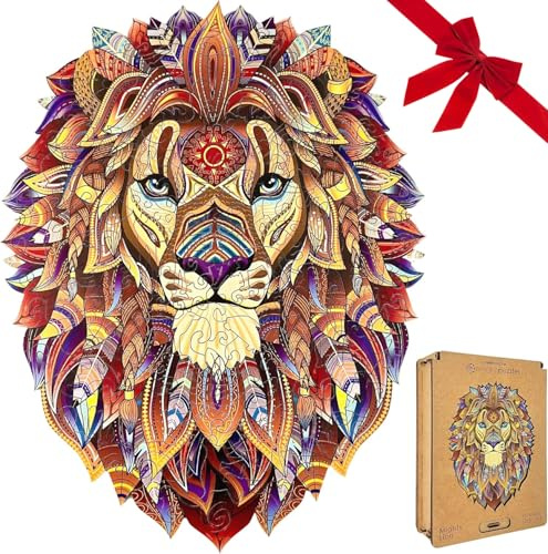 Lubiwood Verspielters Tierform-Holzpuzzle (29x21 cm) - Fördert Beobachtungsfähigkeiten und Zufriedenheit - kommt mit Holzgeschenkbox - (Mächtiger Löwe, Medium (A4))