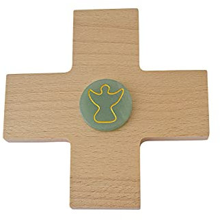 Holz-Kreuz Buche ca. 12 x 12 cm mit Edelstein-Scheibe (Durchmesser ca. 3 cm) aus Aventurin mit Engel