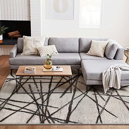 Calore Rugs Living Room Large Modern Soft Area Rug,Modern Simple Style Short Pile Beige pattern Carpet,Non-slip Large Abstract Straight Line Pattern Rug (160 x 200 cm, Beige)