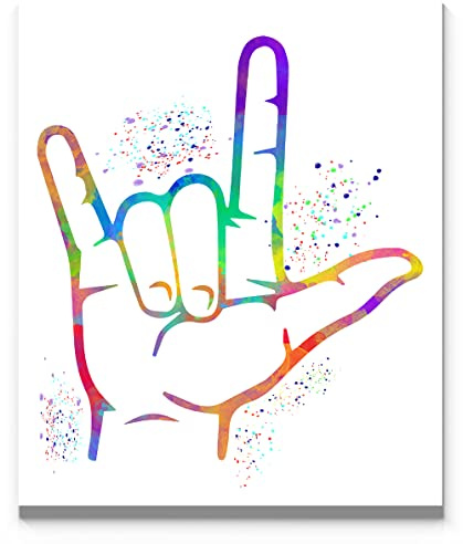 I Love You ASL Wall Art American Sign Language Quote Watercolor On White Hand Signal 14x11 Unframed Print Poster. Ideal for Office, Workplace, Home, Bedroom and Classroom Diversity Decor. Great
