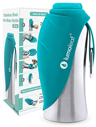 LumoLeaf Hundetrinkflasche für unterwegs, 800ml Edelstahl Trinkflasche Hund, Tragbare Haustier Wasserflasche, Hunde Wasserspender Reise Zubehör für Wandern und Campen (Blau)